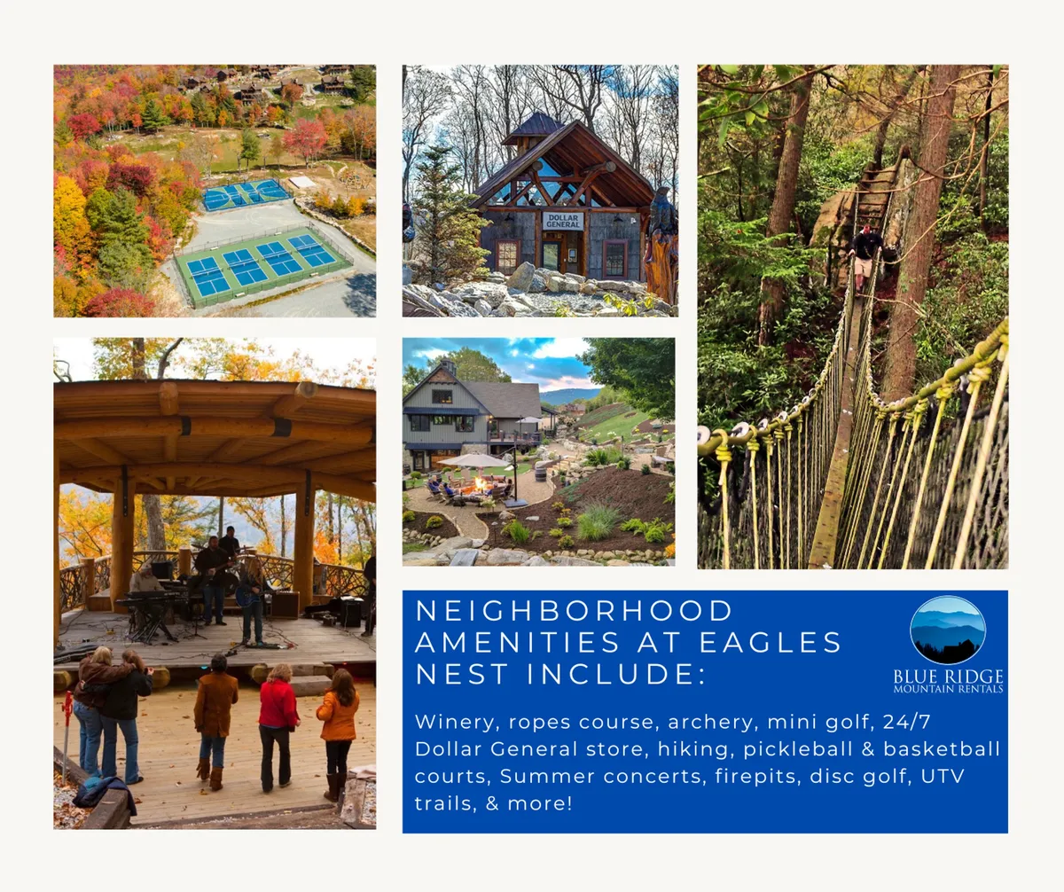 A vibrant view of Eagles Nest community amenities including tennis courts, a wooden gazebo, a luxurious lodge, and a hiking bridge surrounded by lush greenery. The setting invites guests to enjoy outdoor activities like concerts, mini golf, hiking, and sports.